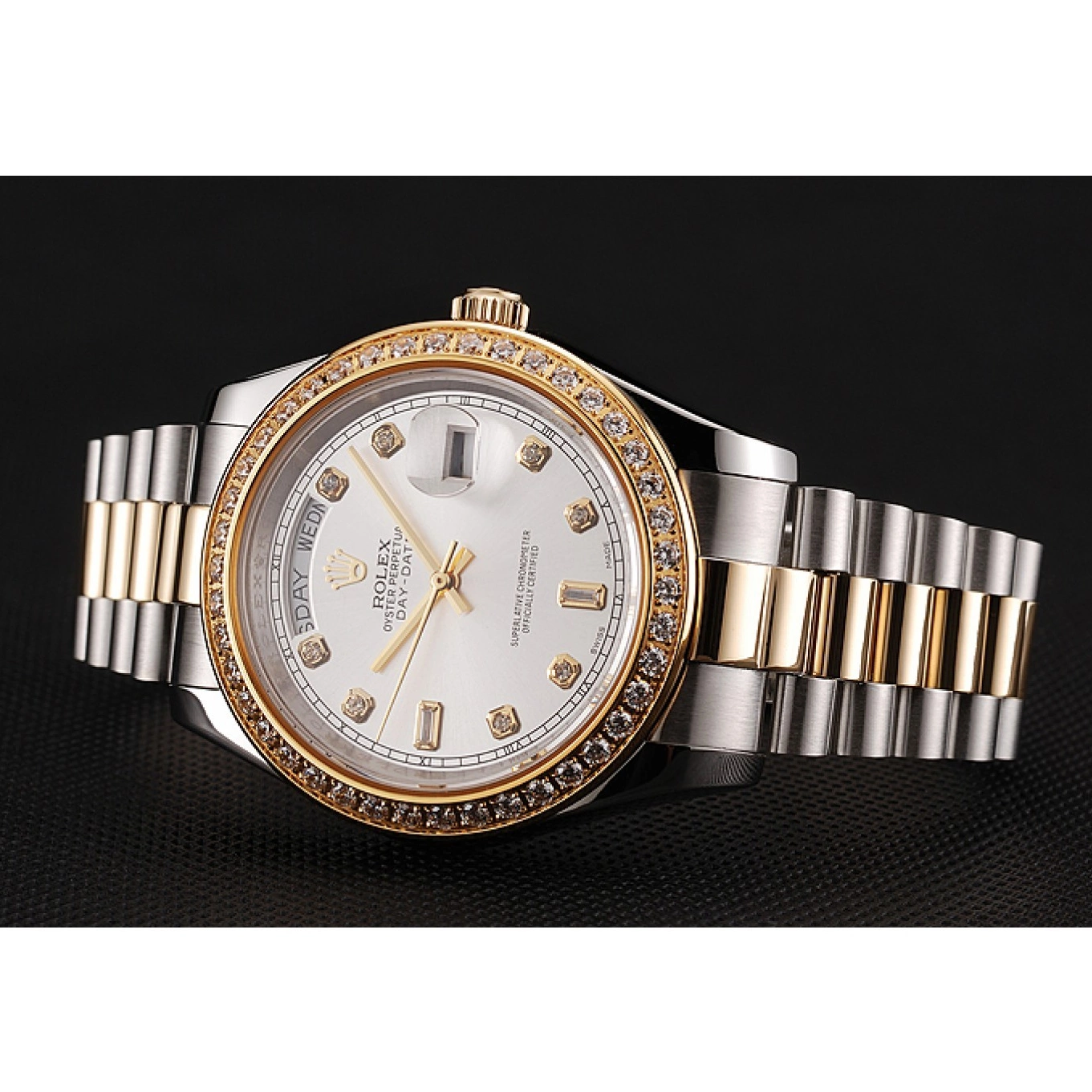Rolex copies cheap Gold Dial Day-Date Tone Rolex 1453972 Case Diamond White Bracelet Two Steel Swiss Stainless 0529